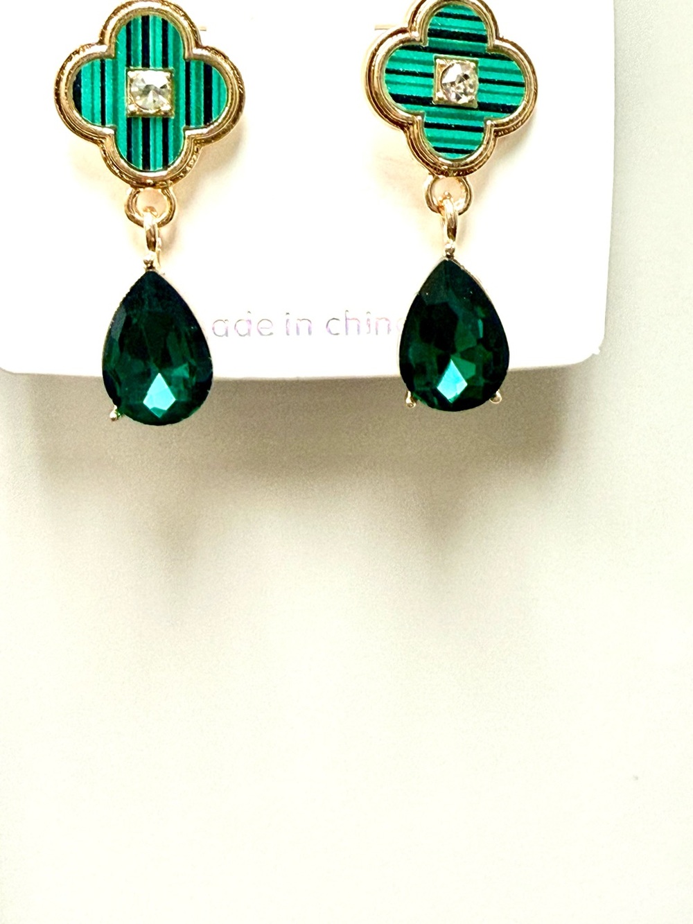 Gold Clover Stud Drop Earrings with Emerald Green Teardrops